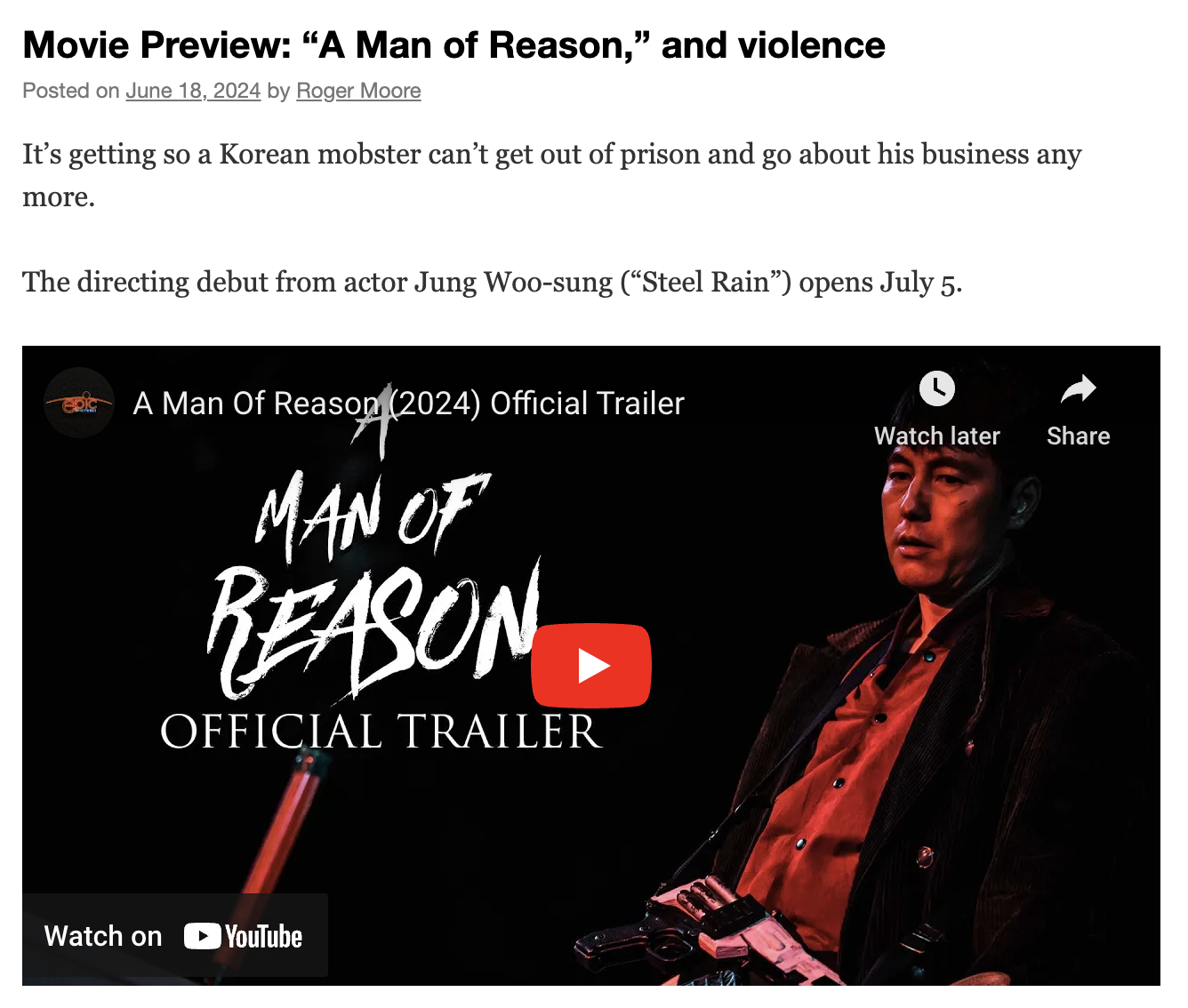 Movie Preview: “A Man of Reason,” and violence
